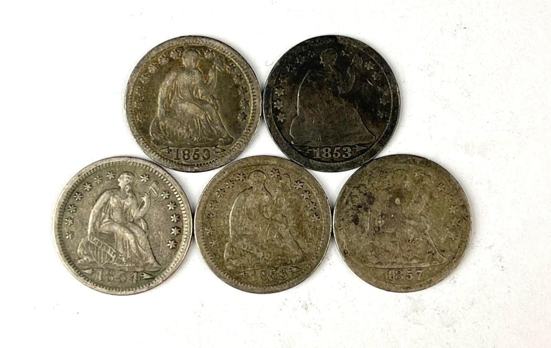 Group of 5 US Seated Liberty Silver Half Dimes: Includes years 1854, 1855, 1857 and more.