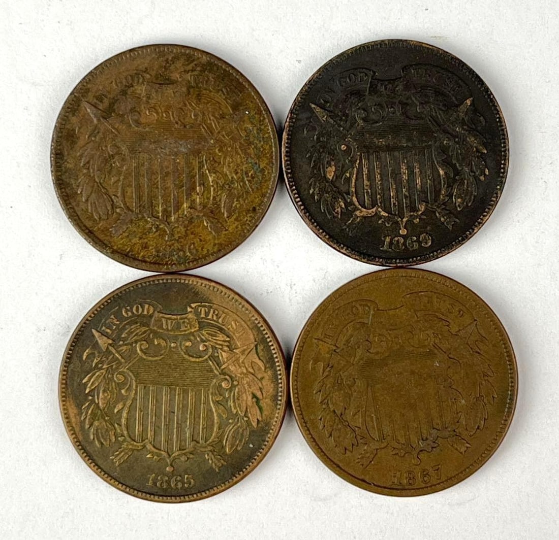 Group of 4 US 2 Cent Pieces: Includes years 1865, 1867, 1869 and 1866.