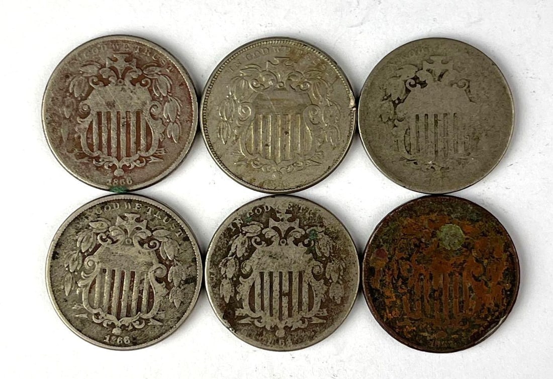 Group of 6 US Shield Nickels: Includes years 1866 and 1867.