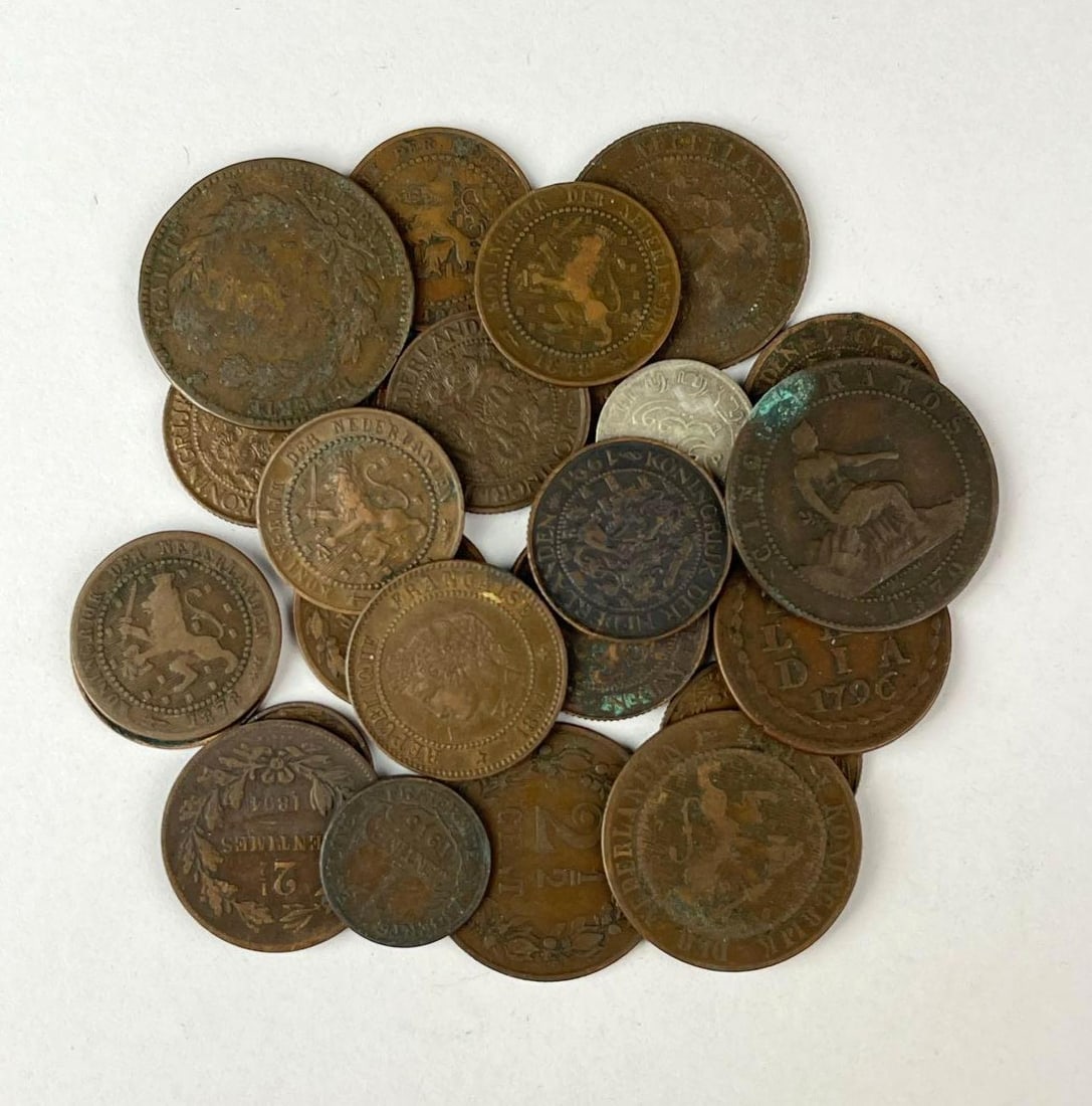 Group of 16 Foreign Coins 1800's-1900's: Includes 1854 Luxembourg 2 and a half Centimes, 1878 Netherlands 1 cent, 1857 Dutch East Indies 1/10 Gulden and more.