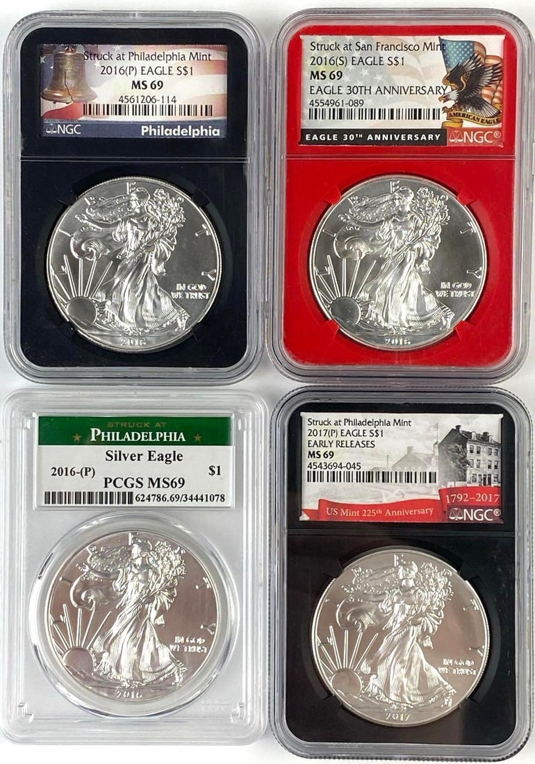 Group of 4 US 1 Oz American Silver Eagles NGC MS69 and More: Group of 4 US 1 Oz American Silver Eagles NGC MS69