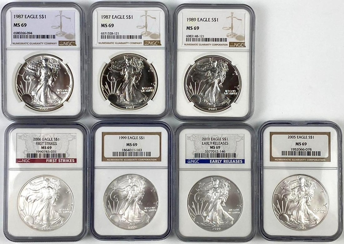 Group of 7 US 1 Oz American Silver Eagles NGC MS69: Group of 7 US 1 Oz American Silver Eagles NGC MS69