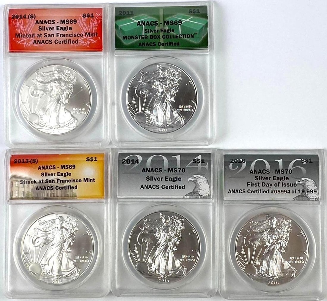 Group of 5 US 1 Oz American Silver Eagles ANACS: Group of 5 US 1 Oz American Silver Eagles ANACS