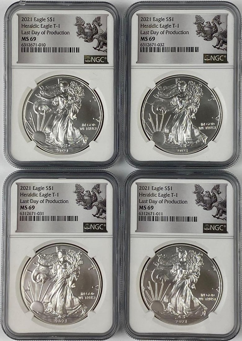 Group of 4 2021 US 1 Oz American Silver Eagles NGC MS69: Heraldic Eagle. Last day of production.