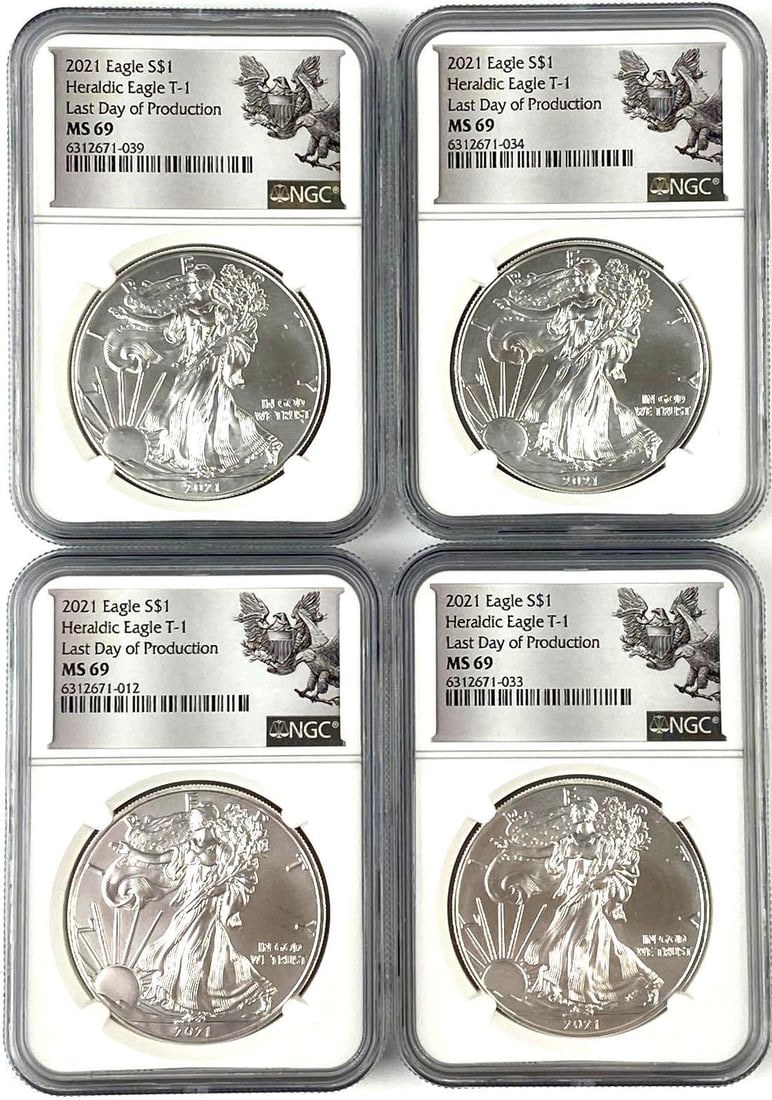 Group of 4 2021 US 1 Oz American Silver Eagles NGC MS69: Group of 4 2021 US 1 Oz American Silver Eagles NGC MS69 Heraldic Eagle. Last day of production.
