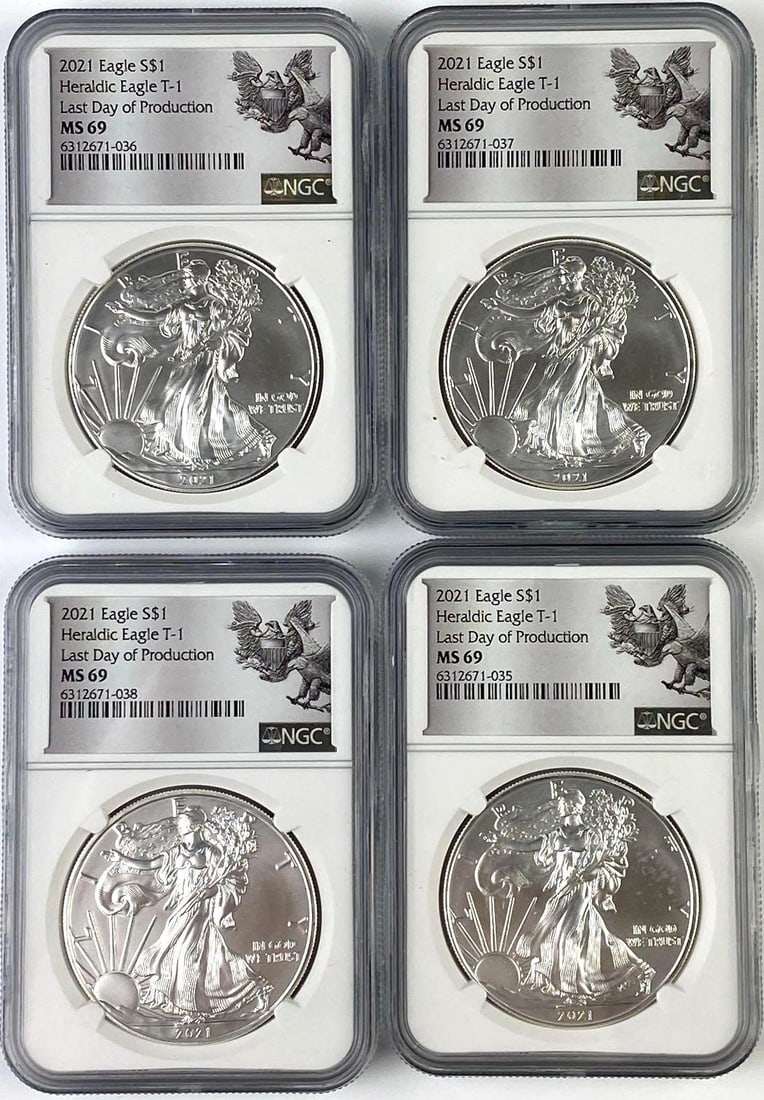 Group of 4 2021 US 1 Oz American Silver Eagles NGC MS69: Group of 4 2021 US 1 Oz American Silver Eagles NGC MS69 Heraldic Eagle. Last day of production.
