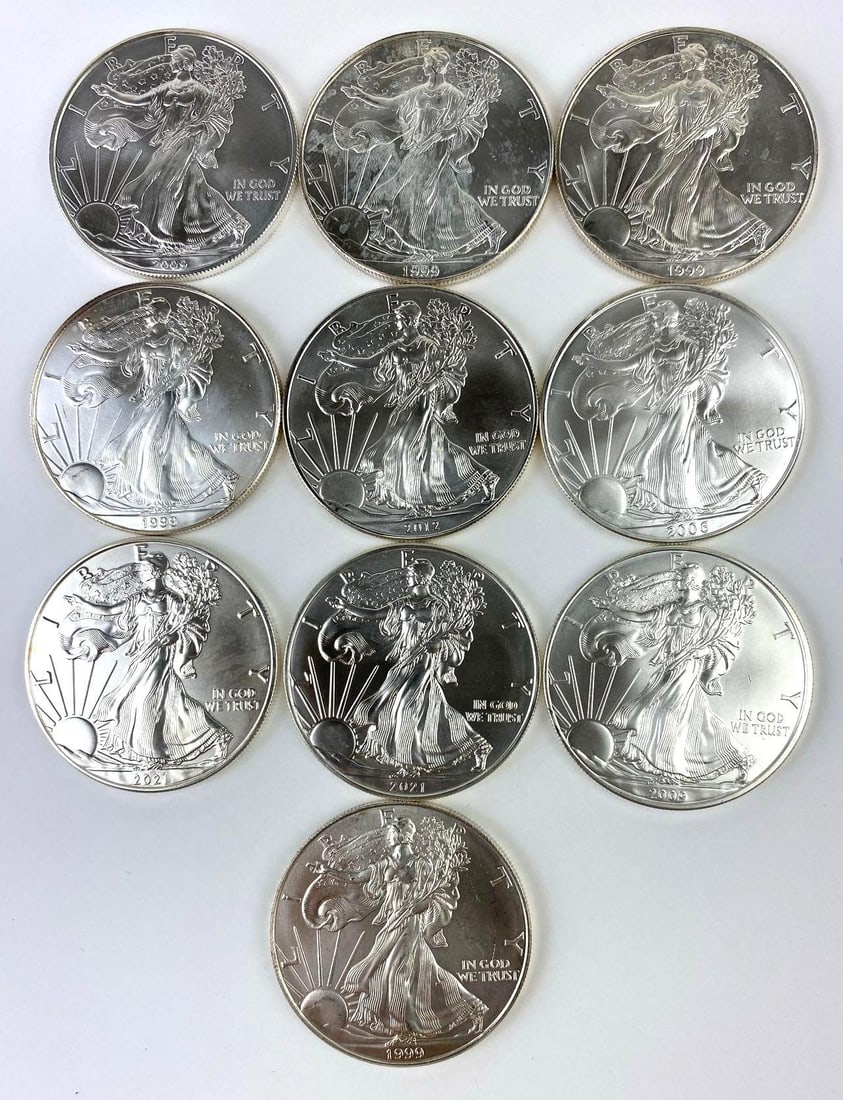 Group of 10 US 1 Oz American Silver Eagles: Group of 10 US 1 Oz American Silver Eagles