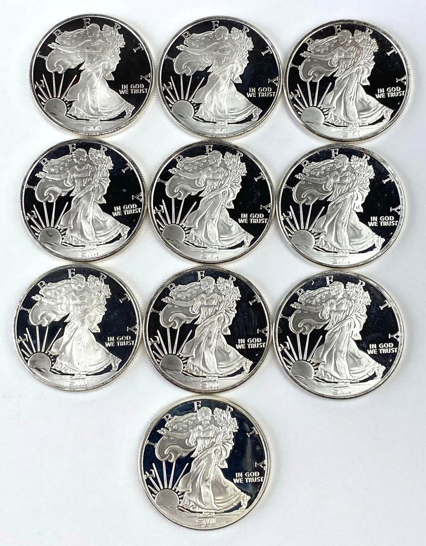 Group of 10 Sunshine Minting Inc. 1 Oz .999 Fine Silver Walking Liberty Design Rounds (1 of 2)