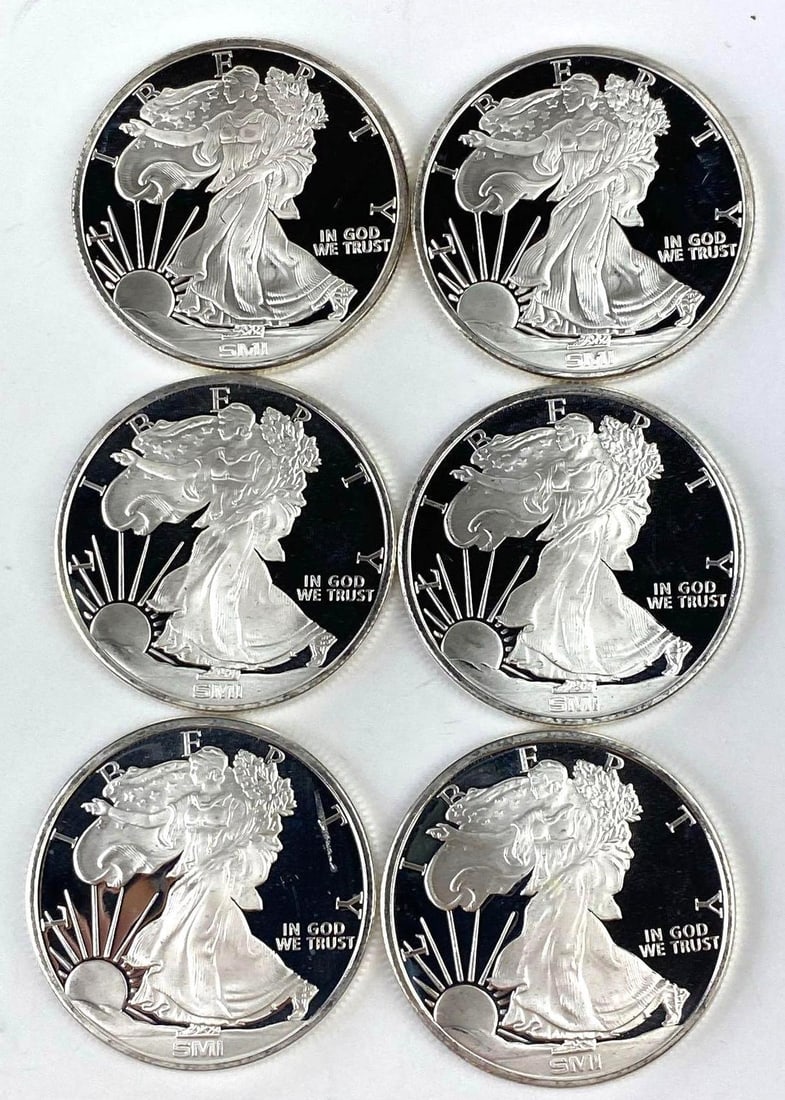 Group of 6 Sunshine Minting Inc. 1 Oz .999 Fine Silver Walking Liberty Design Rounds (1 of 2)