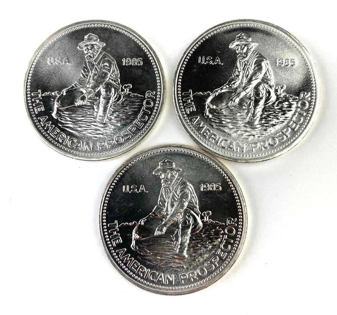 Group of 3 1985 Engelhard 1 Oz .999 Fine Silver The American Prospector Rounds (1 of 2)