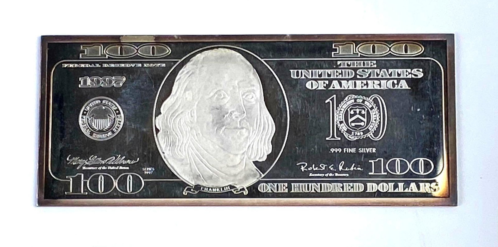1997 Federal Reserve Note Design 4 Oz .999 Fine Silver Franklin Ingot/ Bar: Federal Reserve Note Design 4 Oz .999 Fine Silver Franklin Ingot/ Bar