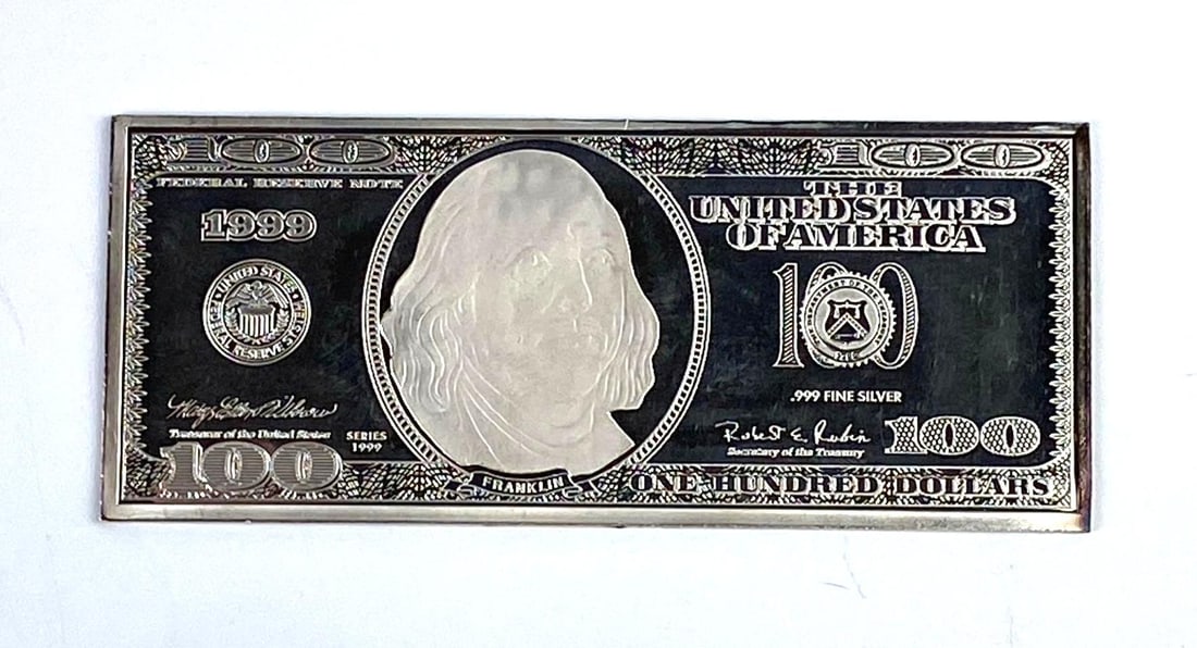 1999 Federal Reserve Note Design 4 Oz .999 Fine Silver Franklin Ingot/ Bar: 1999 Federal Reserve Note Design 4 Oz .999 Fine Silver Franklin Ingot/ Bar
