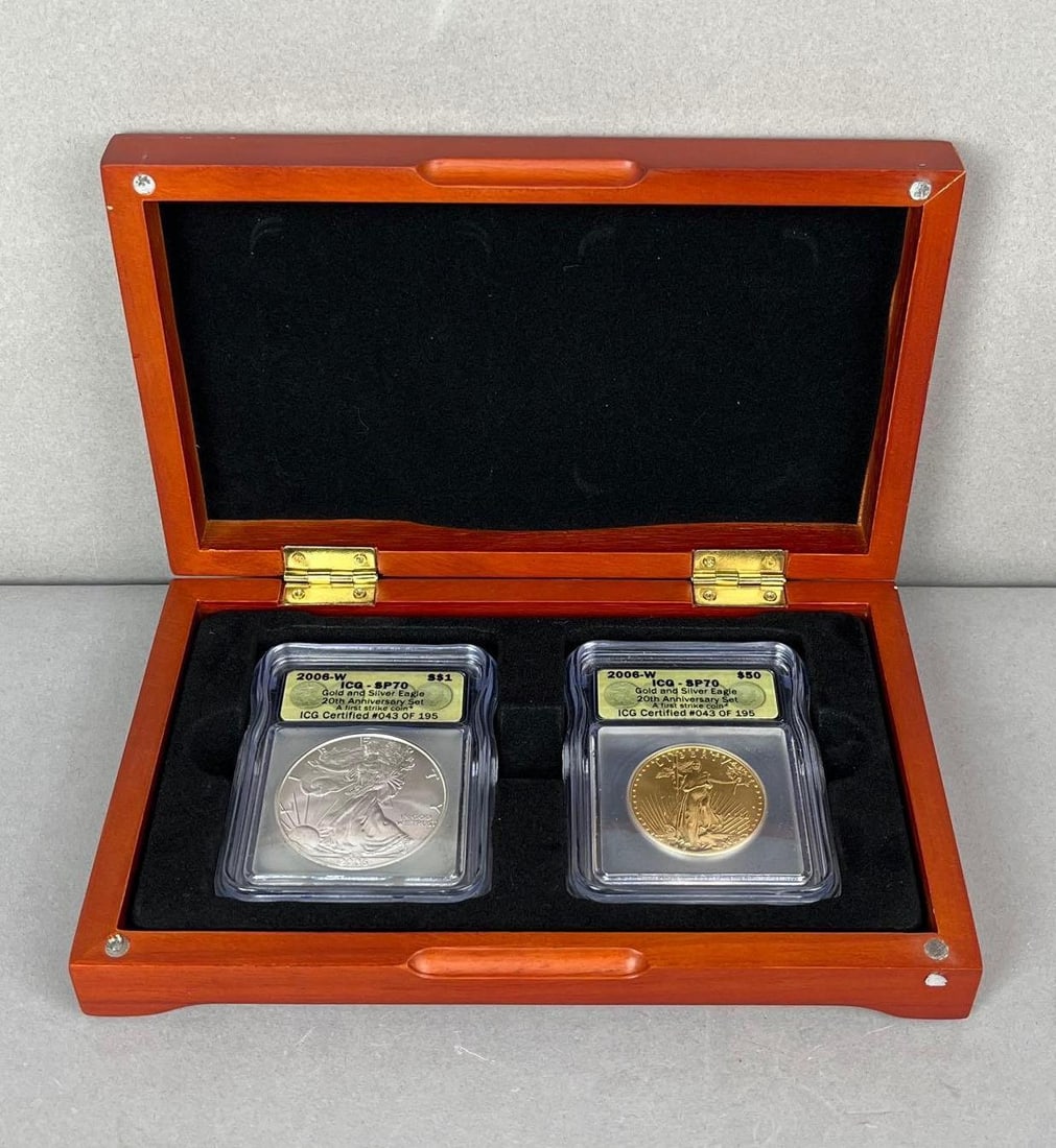 US Mint American Eagle 20th Anniversary Gold and Silver Graded Two Coin Set: Features 2006W US American Silver Eagle 1 oz Fine Silver ICG SP70 and 2006W US $50 1 oz American Gold Eagle ICG SP70. Both are First Strike Coins. 43/195. Includes display case