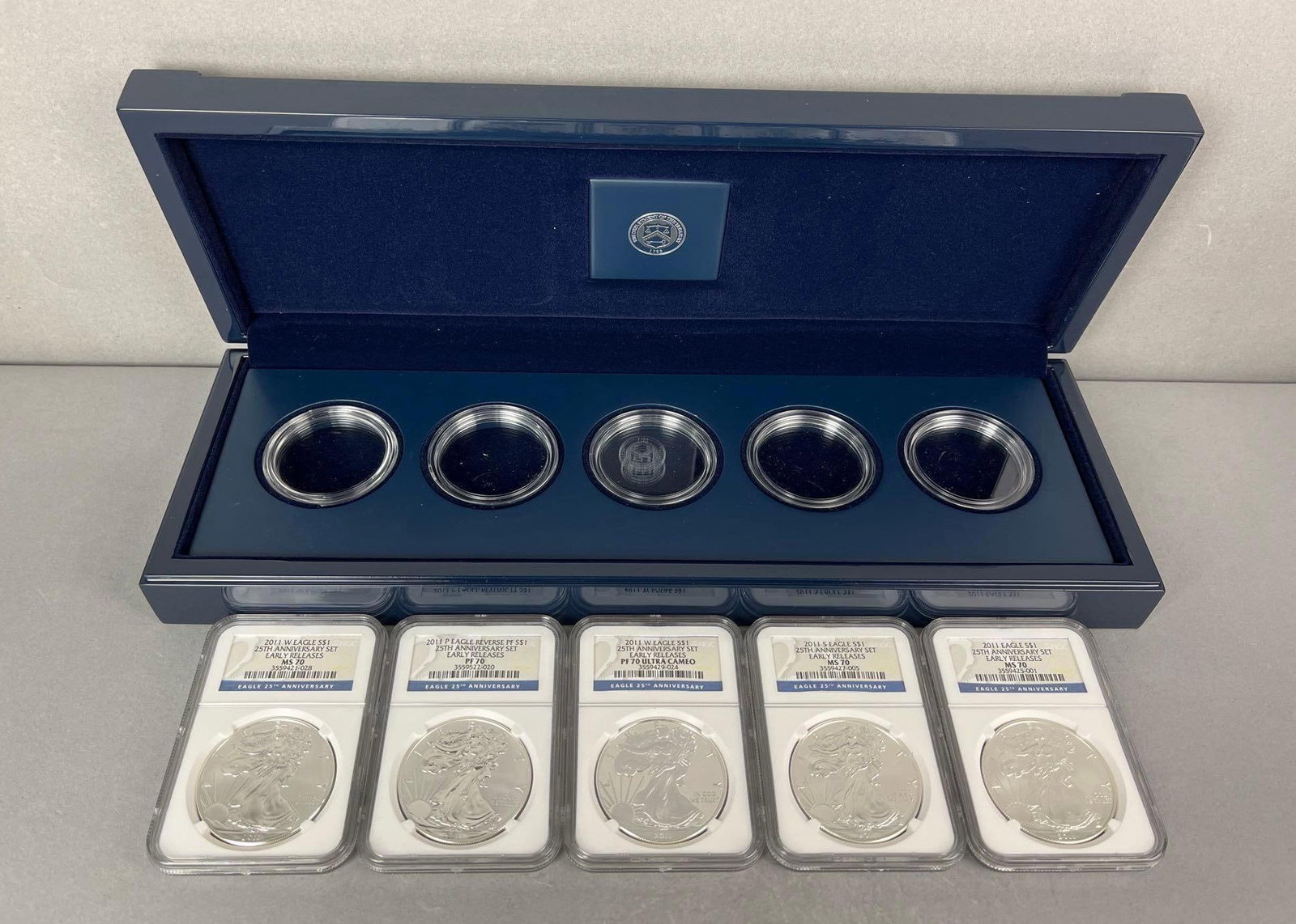 2011 US Mint American Silver Eagle 25th Anniversary Silver NGC Graded 5 Coin Set MS-PF70: Includes 3 MS70 and 2 PF70. Early Releases. Includes COA