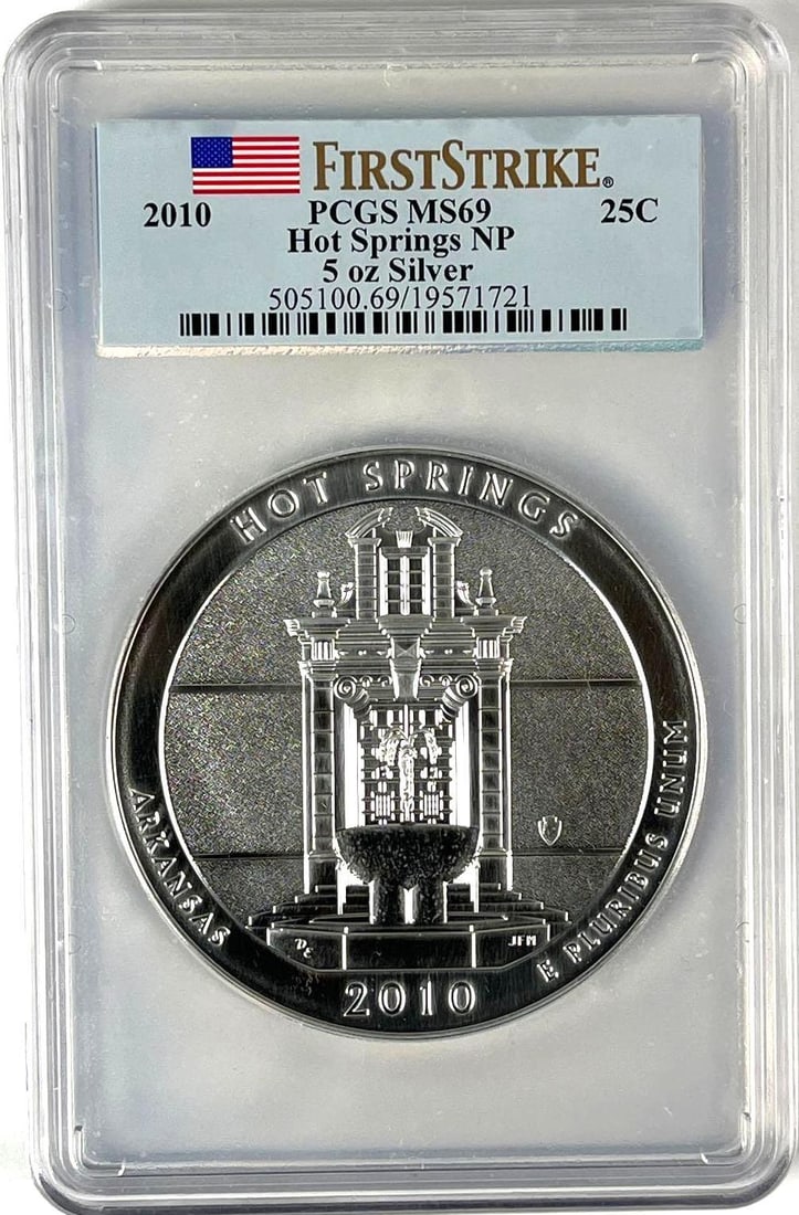 2010 US ATB Hot Springs Arkansas 5 oz .999 Fine Silver Round PCGS MS69 (1 of 2)