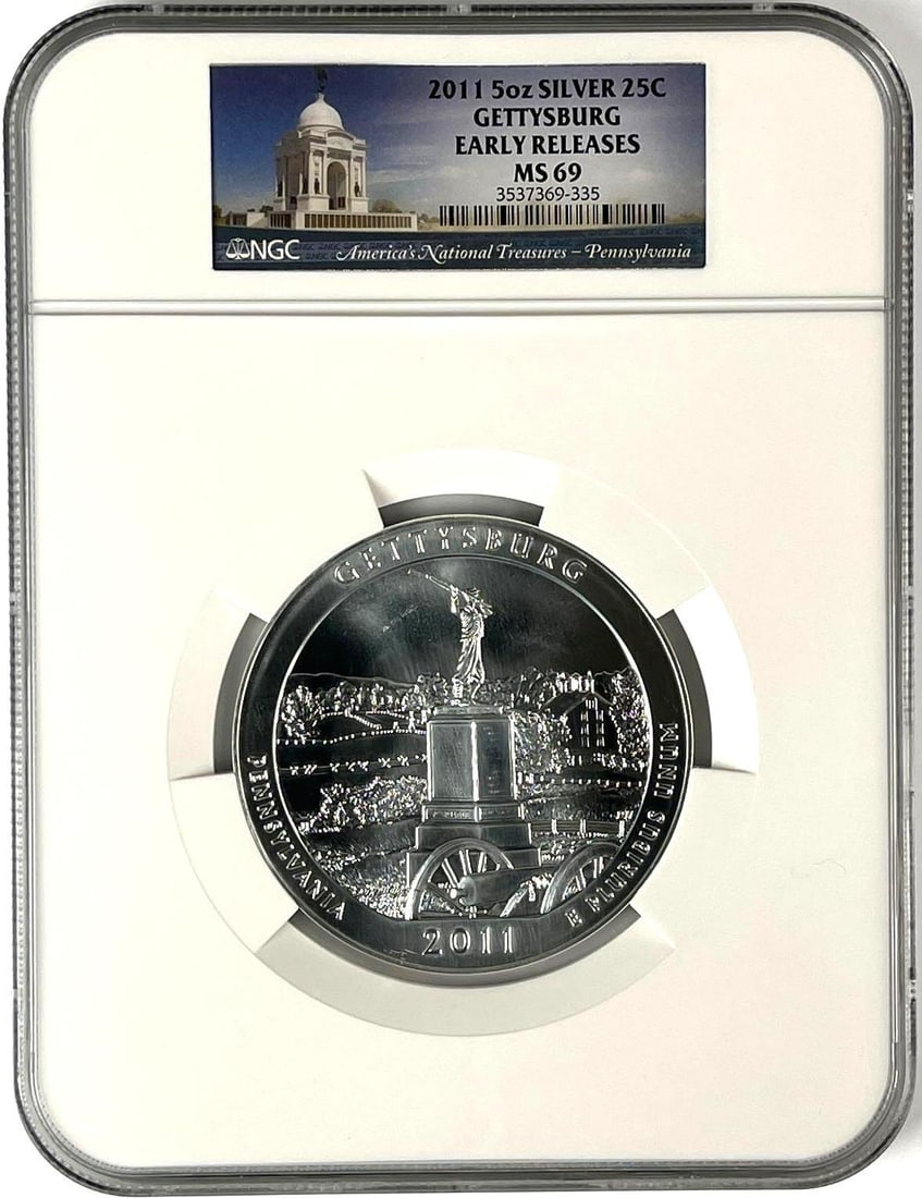 2011 US ATB UNC Gettysburg Pennsylvania 5 oz .999 Fine Silver Round NGC MS69 (1 of 2)