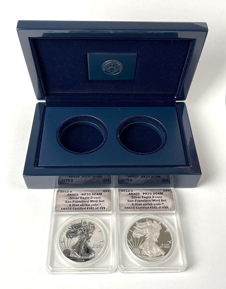 2012 US Mint American Silver Eagle San Francisco 1 oz Fine Silver ANACS Graded Two Coin Proof Set: Features RP70 DCAM AND PR70 DCAM. First Strike Coin. Includes COA