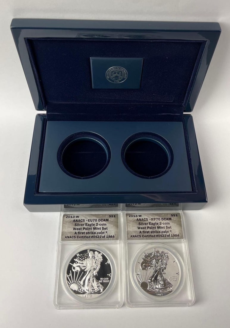2013 W US Mint American Silver Eagle West Point 1 oz Fine Silver ANACS Graded Two Coin Set: Features EU70 DCAM and RP70 DCAM. Both are West Pint Mint, A First Strike Coin. Includes COA