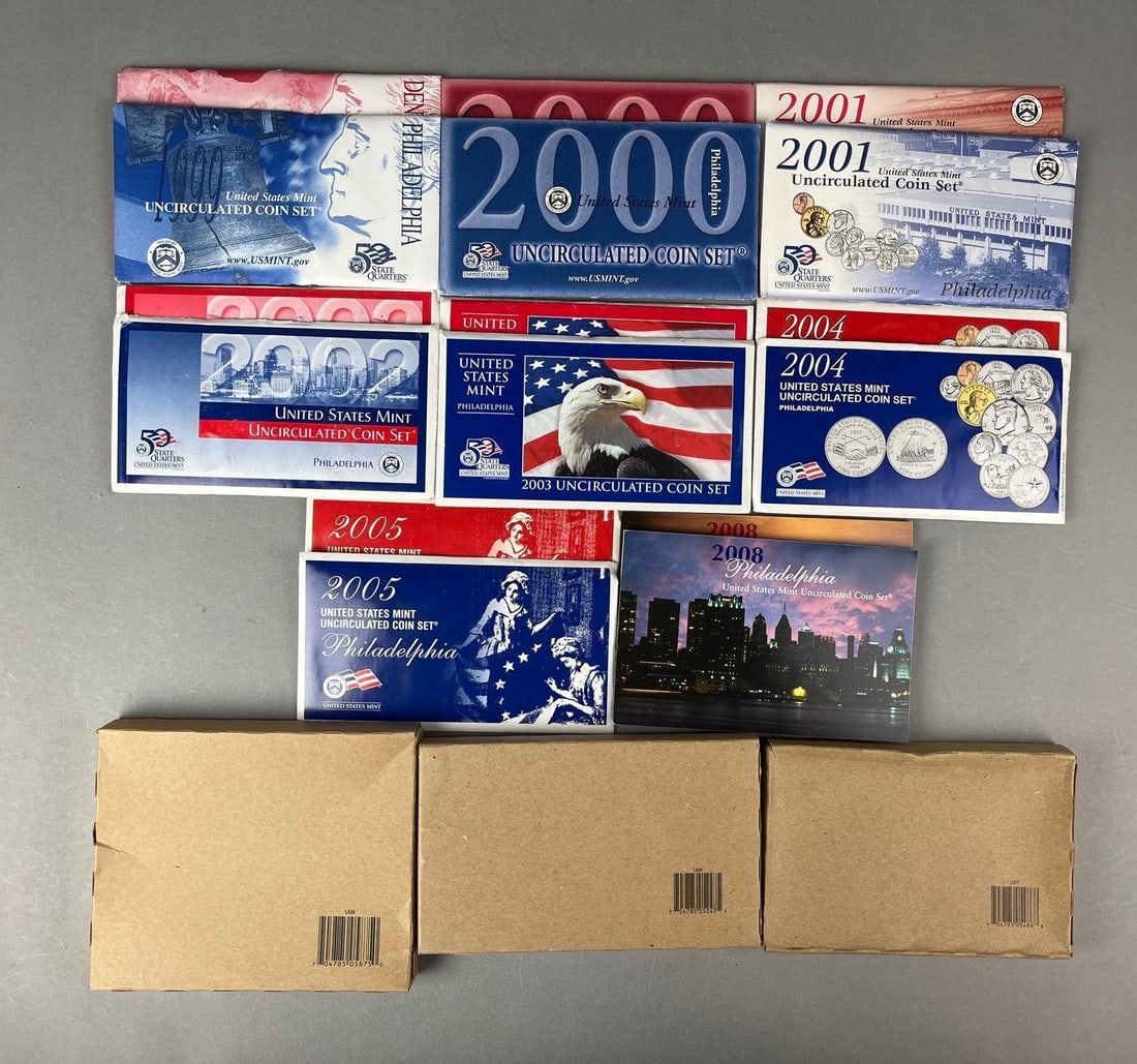 Group of 16 UNC US Mint Coin Proof Sets and More: Includes 8 Denver Mint, 8 Philadelphia Mint and 3 sealed Boxes of Statehood and Territories US Quarters.