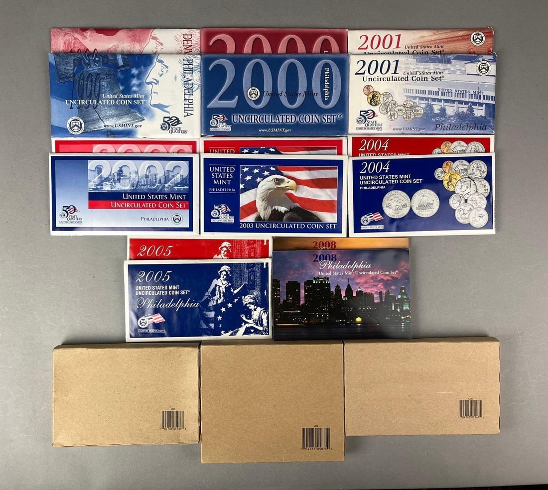 Group of 16 UNC US Mint Coin Proof Sets and More: Includes 8 Denver Mint, 8 Philadelphia Mint and 3 sealed Boxes of Statehood and Territories US Quarters.
