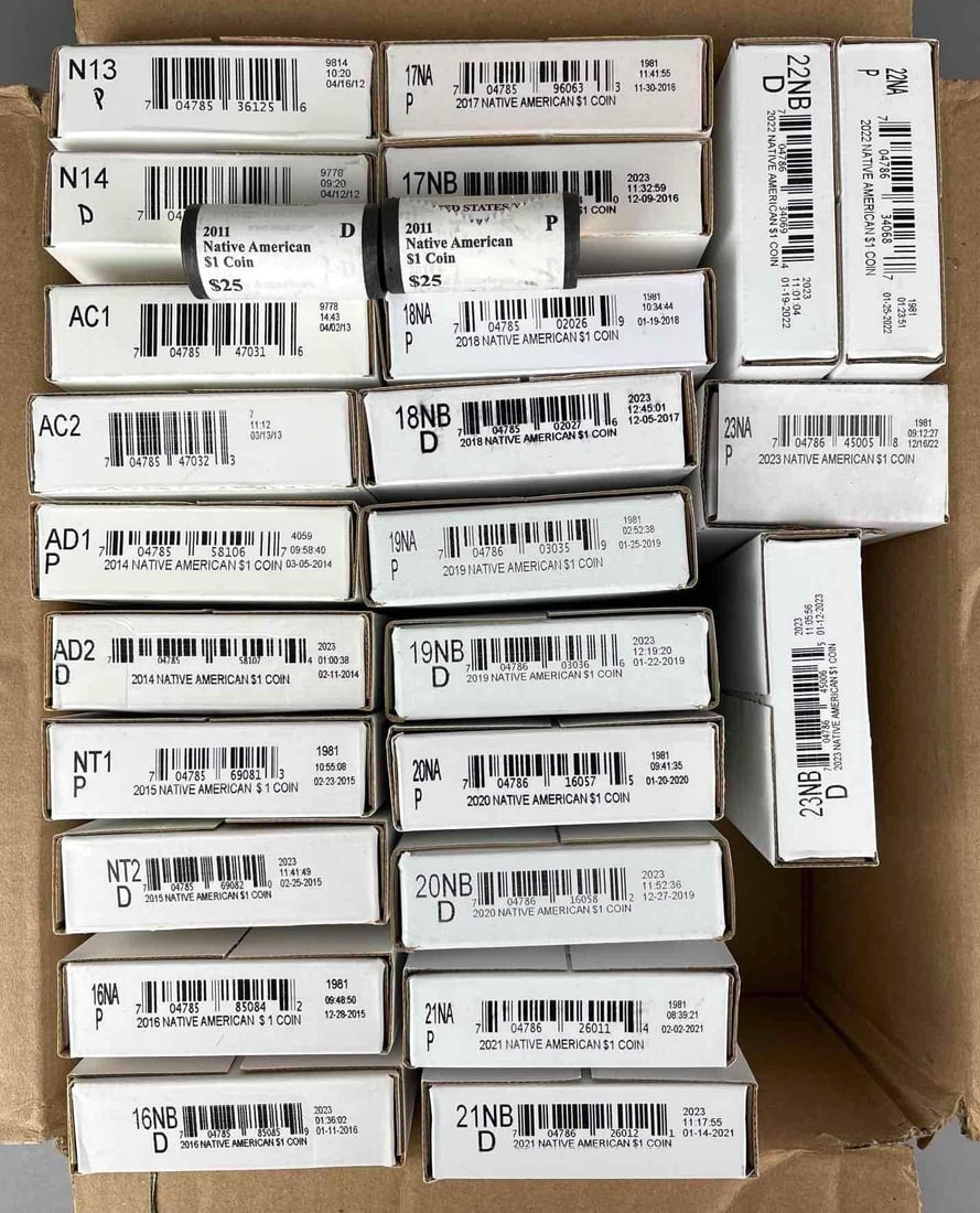 Group of 26 US Native American Original Rolls Each 25 $1 Coins: Years 2011-2022. All are sealed except year 2011. Includes 13 D and 13 P.
