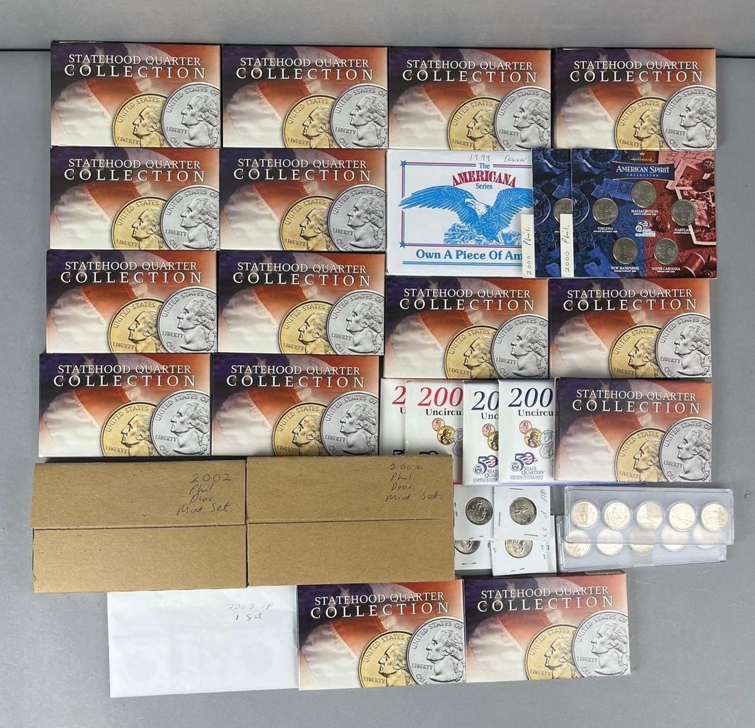 Group of 24 US Mint UNC State Quarter Proof Sets and More: Philadelphia and Denver minting. Includes years 2001, 2005, 1999 and more.