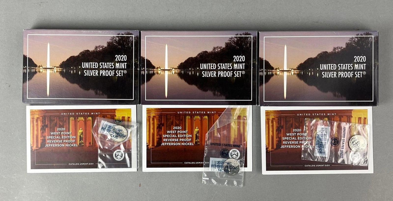 Group of 3 2020 US Mint Silver Proof Sets and More: Includes 3 2020 W Special Edition Reverse proof Jefferson Nickels.