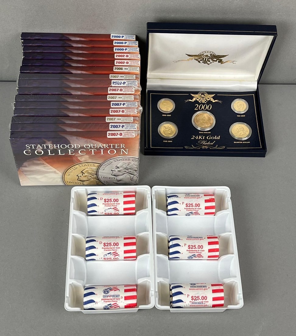 Group of Assorted US Mint Coins: Includes 15 Statehood Quarter Collections. 6 $25 Rolls of Franklin Pierce Presidential Golden Dollars and Gold Gilted 5 Coin Set.