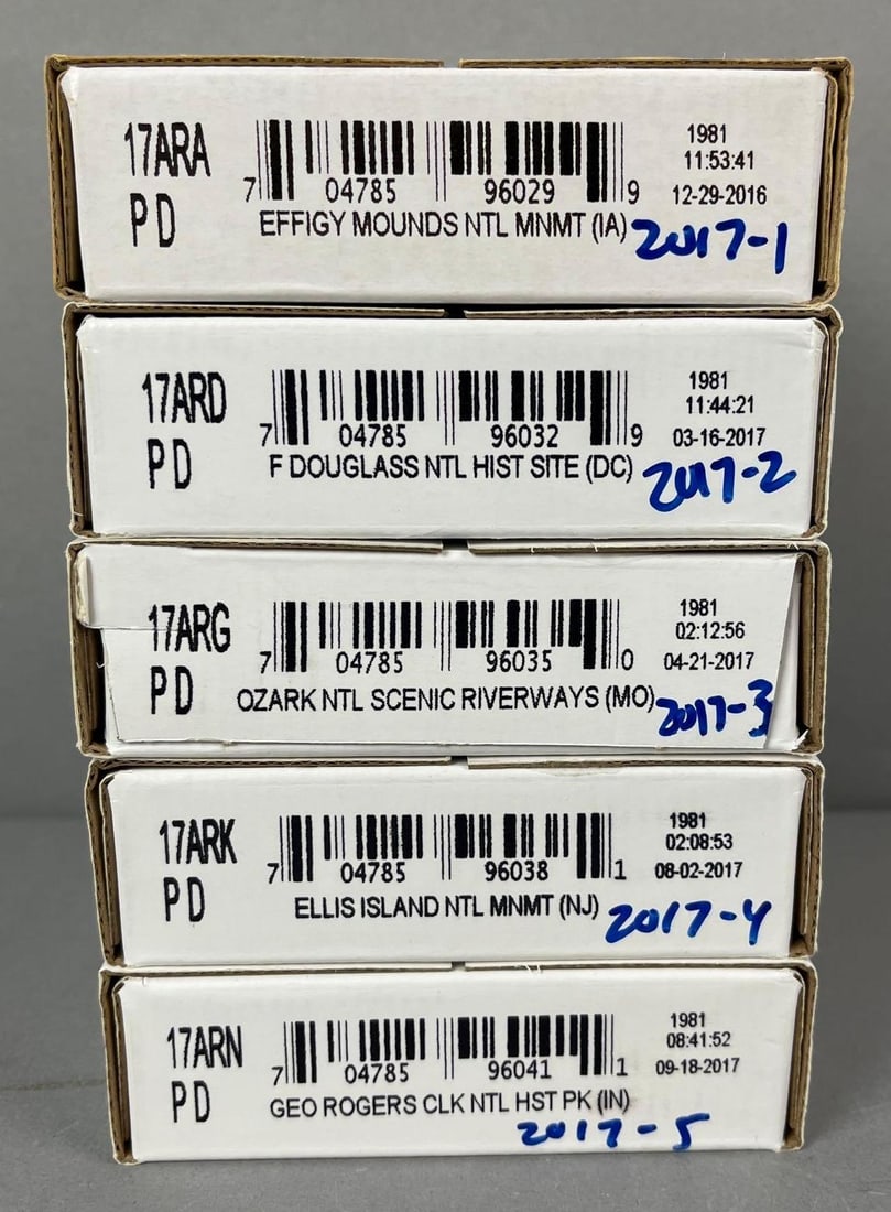 5 Sets of 2017 US Mint P/D ATB Quarter Rolls: Includes states Indiana, New Jersey, Missouri, Washington DC and Iowa.