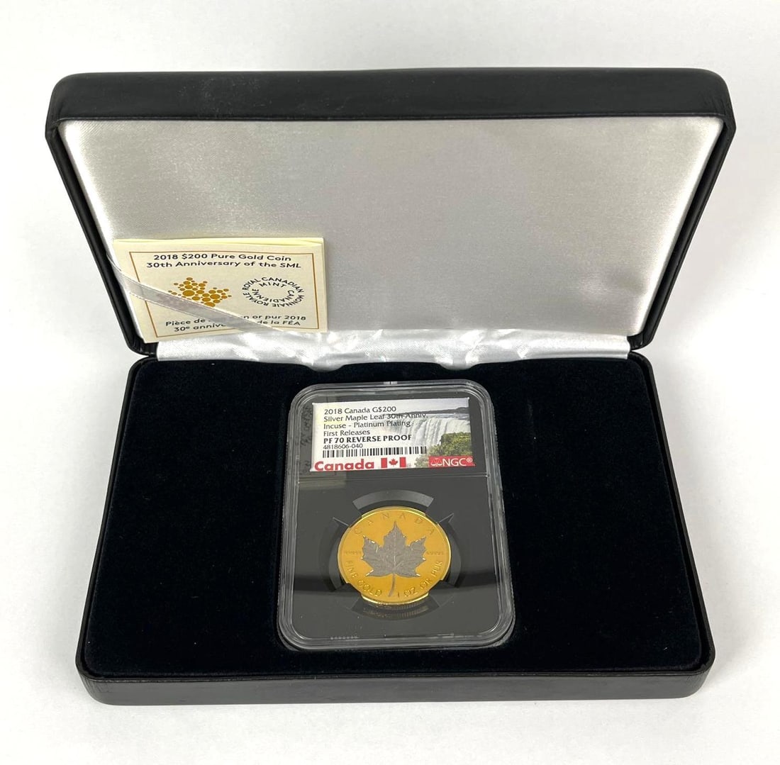 SUPER RARE 2018 Canada $200 Maple Leaf 1 oz 99999 Fine Gold Coin Incuse Platinum Plating NGC PF 70 (1 of 4)