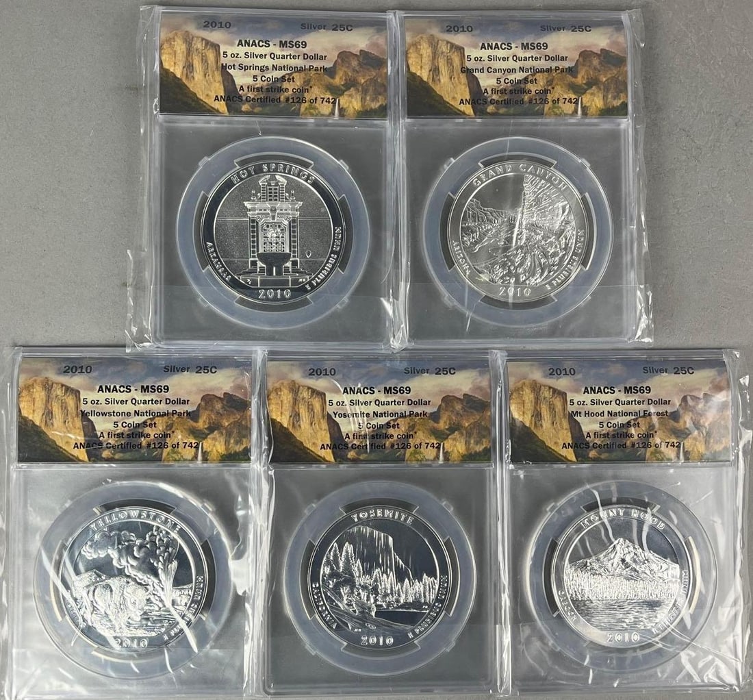 Group of 5 2010 US Mint ATB NP 5 oz .999 Fine Silver Rounds ANACS MS69: A First Strike Coin, 5 Coin Set, ANACS Certified 126 of 742. Includes Hot Springs, Grand Canyon, Yellowstone, Mt Hood and Yosemite.