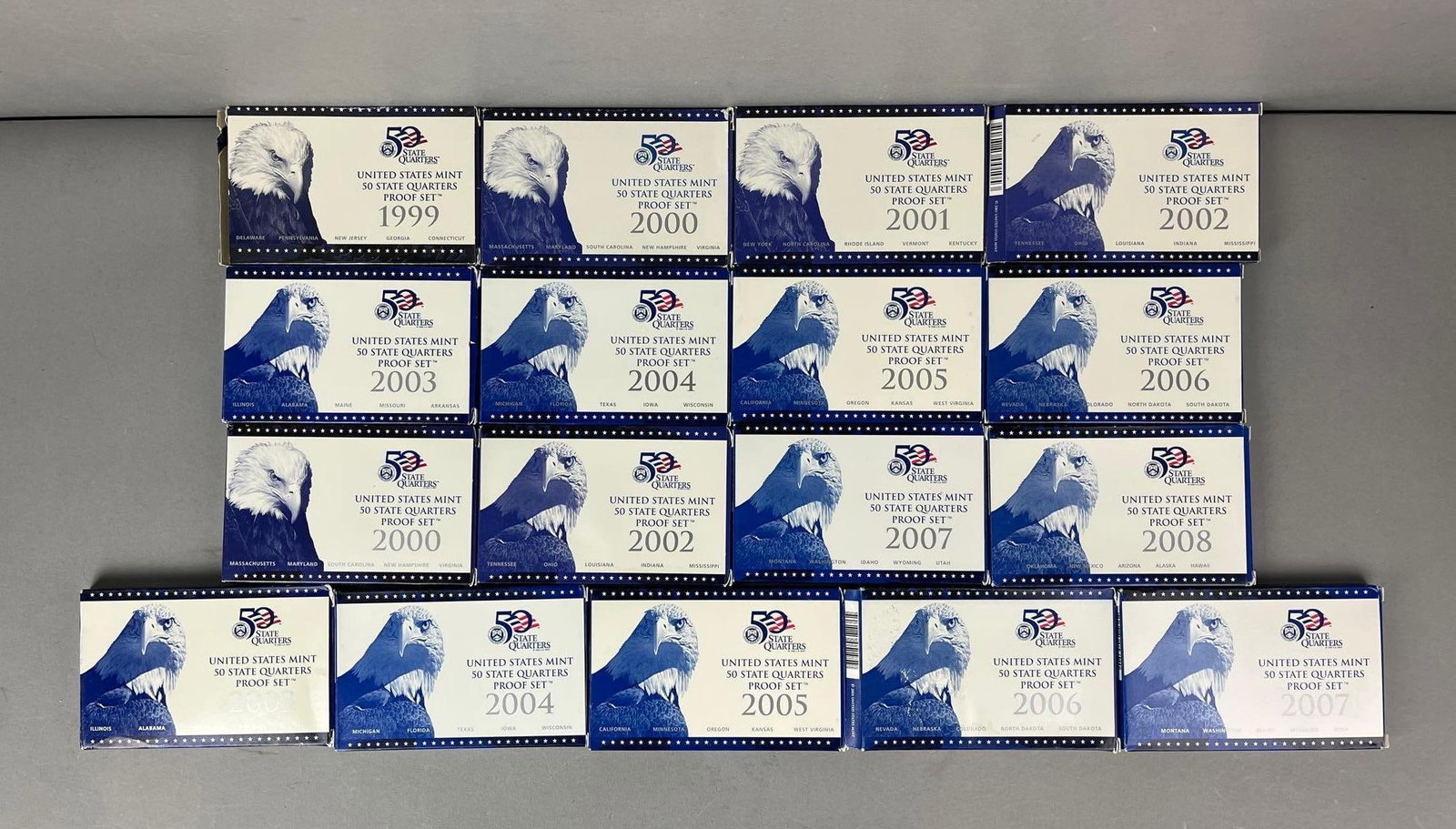 Group of 17 US Mint 50 State Quarter Proof Sets: Includes Years 1999-2008.