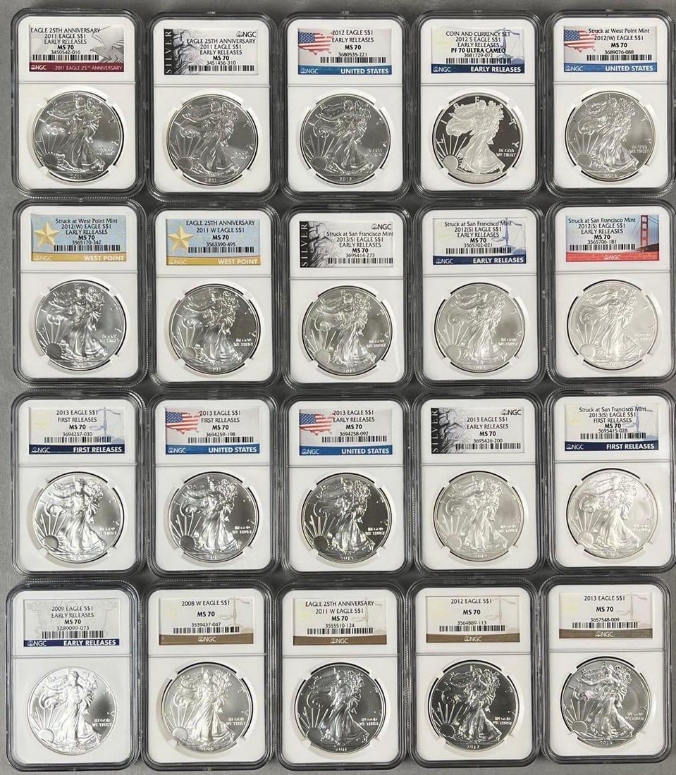 Group of 20 US $1 Silver American Eagles 1 oz Fine Silver NGC MS70: Includes years 2011, 2012, 2013 and more.