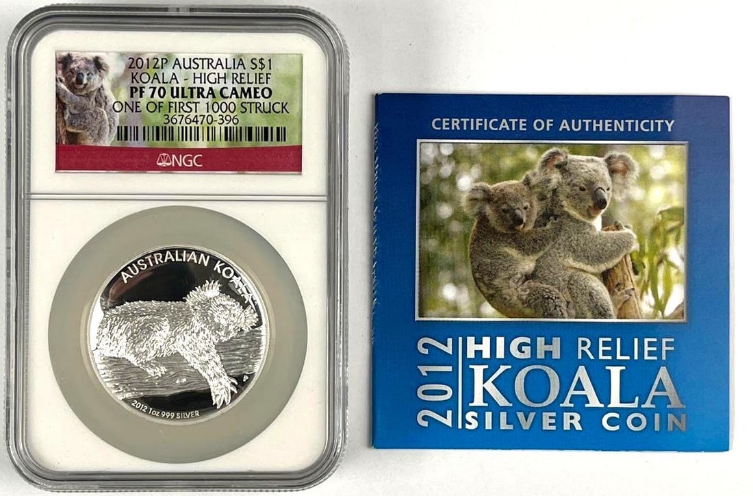 2012 P Australia $1 Koala High Relief 1 oz 999 Silver Coin NGC PF70 Ultra Cameo: One of Forst 1000 Struck.Includes COA.