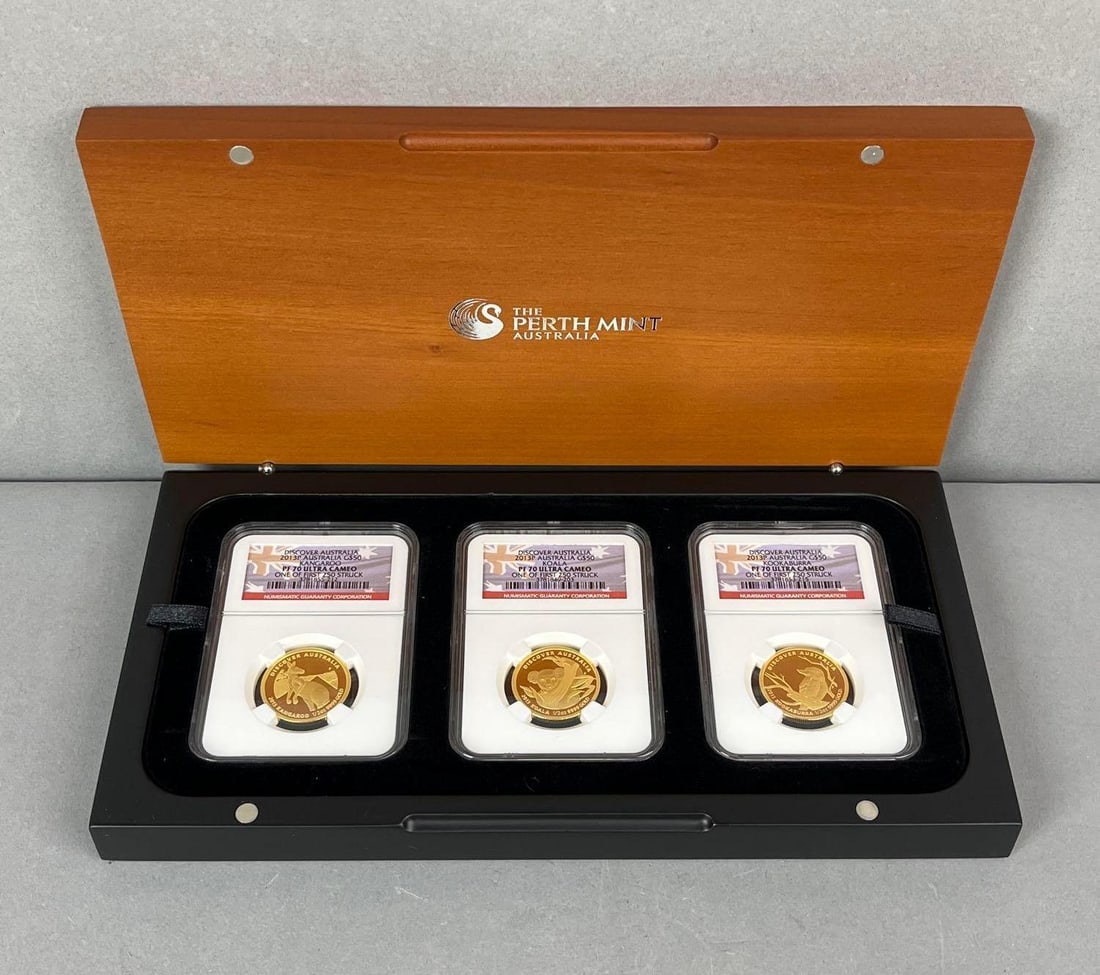 2013 The Perth Mint Discover Australia Gold Proof 3 Coin Set: Includes Kangaroo, Koala and Kookaburra. Each coin is 1/2 oz 9999 Gold NGV PF70 Ultra Cameo. One of First 250 struck. Includes COA and Letter from NGC Ed Harbuz.