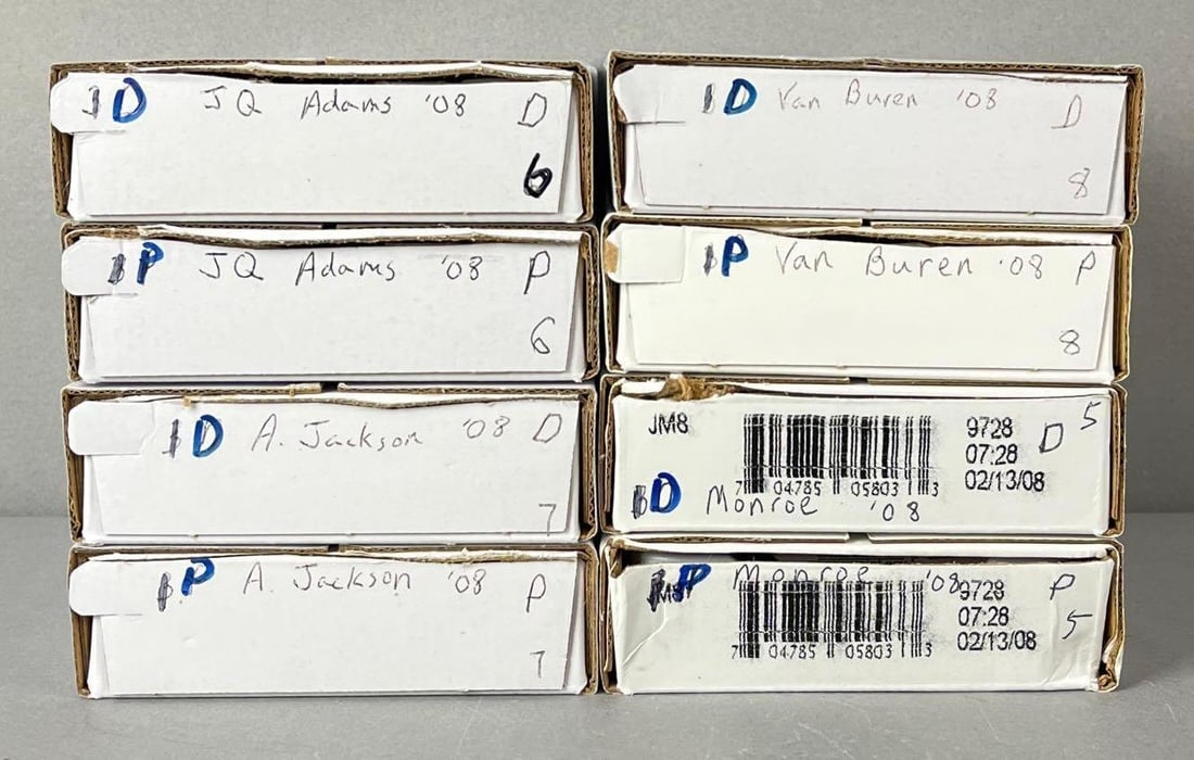 Group of 8 US Mint $25 Presidential Dollar Coin Rolls: includes Presidents Jackson, Monroe, Van Buren and Adams. P/D mint.
