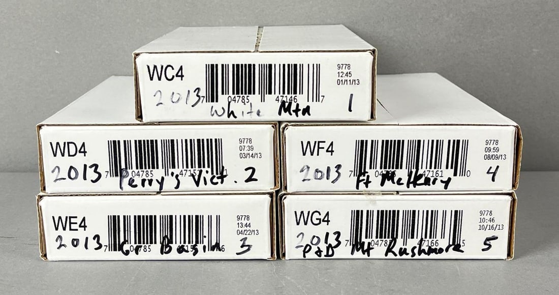 5 Sets of 2013 US Mint ATB Quarter Rolls: Includes White Mountain, Mount Rushmore, Fort McHenry and more.