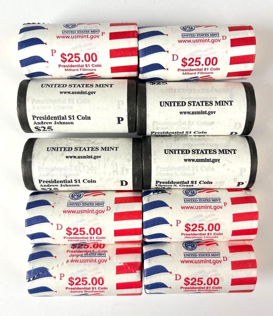 Group of 10 US Mint $25 Presidential Dollar Coin Rolls (1 of 1)
