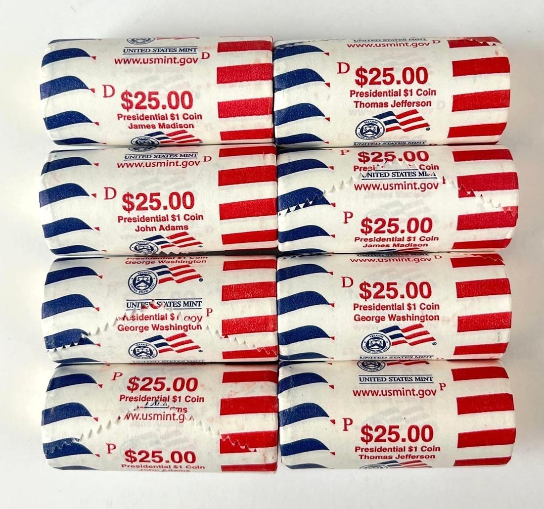 Group of 8 US Mint $25 Presidential Dollar Coin Rolls (1 of 1)