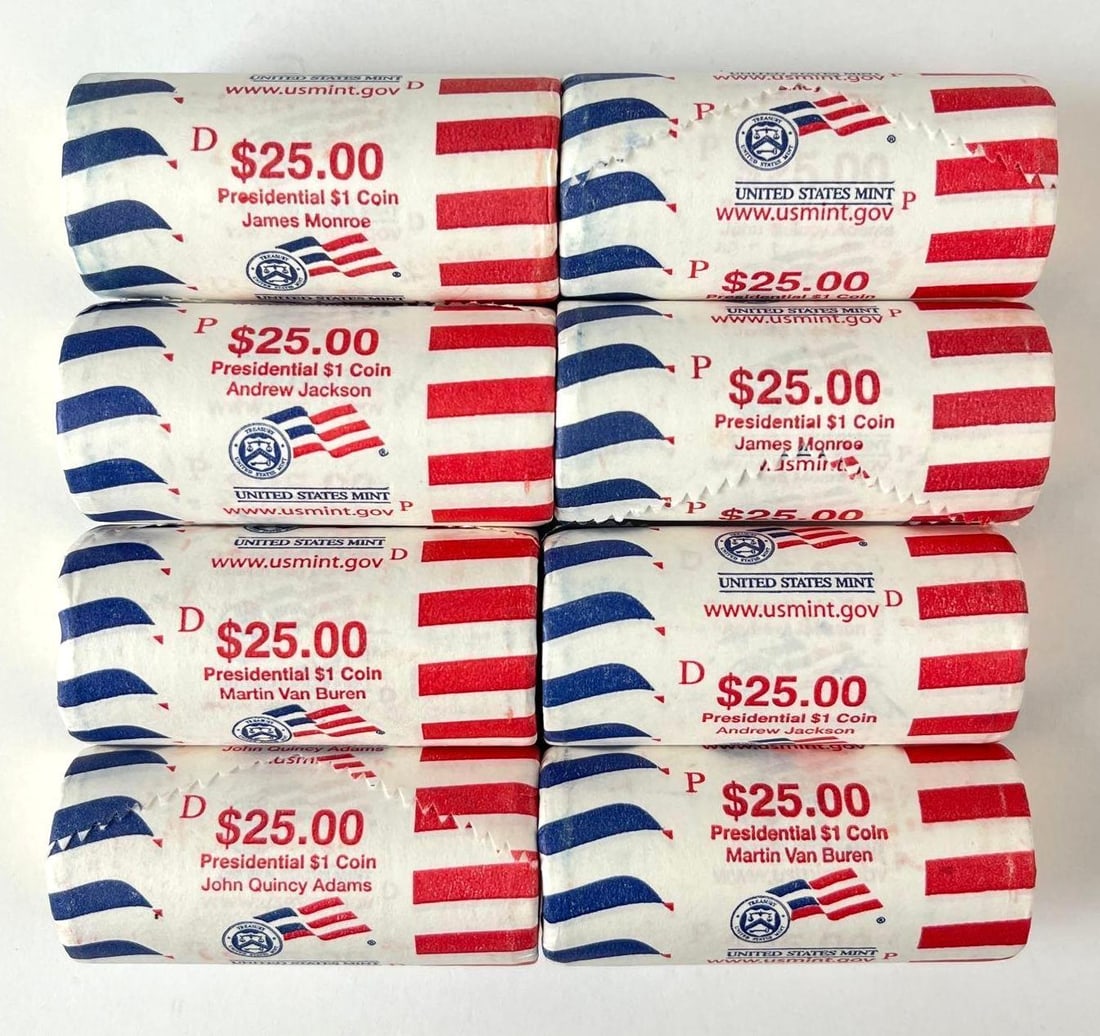 Group of 8 US Mint $25 Presidential Dollar Coin Rolls: Includes presidents Jackson, Van Buren, Monroe and Adams. P/D mint.
