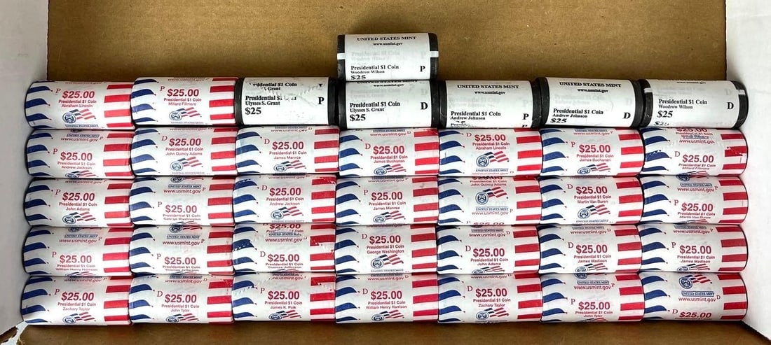 Group of 37 US Mint $25 Presidential Dollar Coin Rolls (1 of 1)