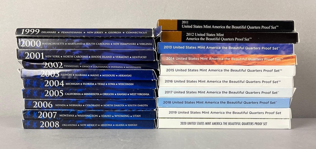 Group of 20 US Mint State/ATB Coin Proof Sets: State Quarter years includes 1999-2008 and ATB Years 2011-2020.