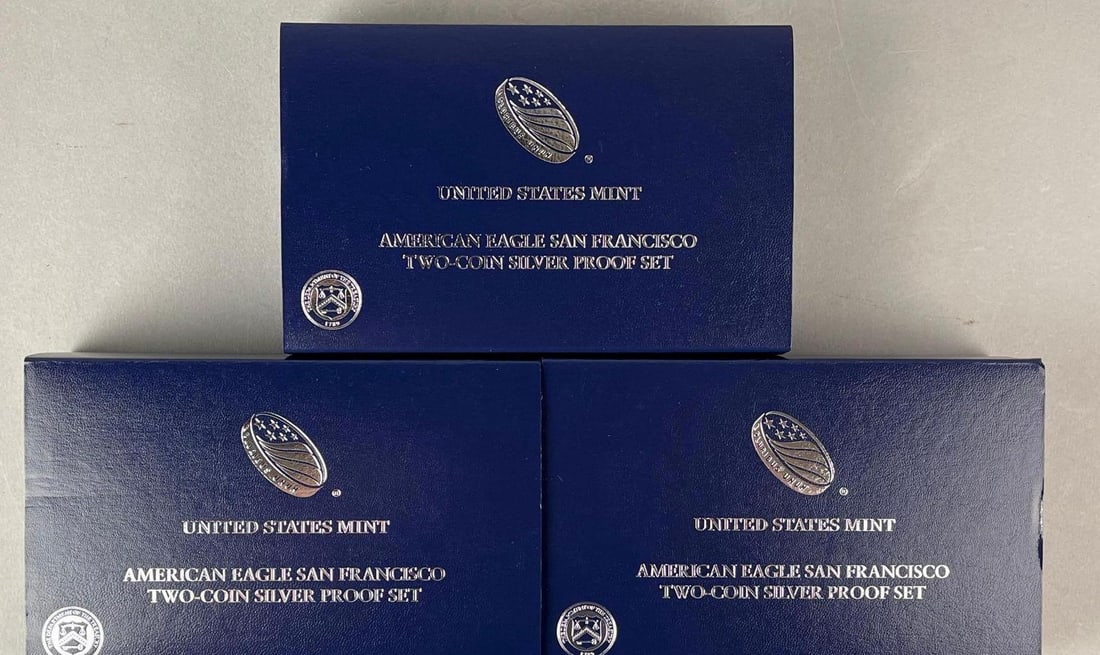 Group of 3 2012 S US Mint American Silver Eagle 1 oz Fine Silver Two Coin Silver Proof Sets: All include COAs.