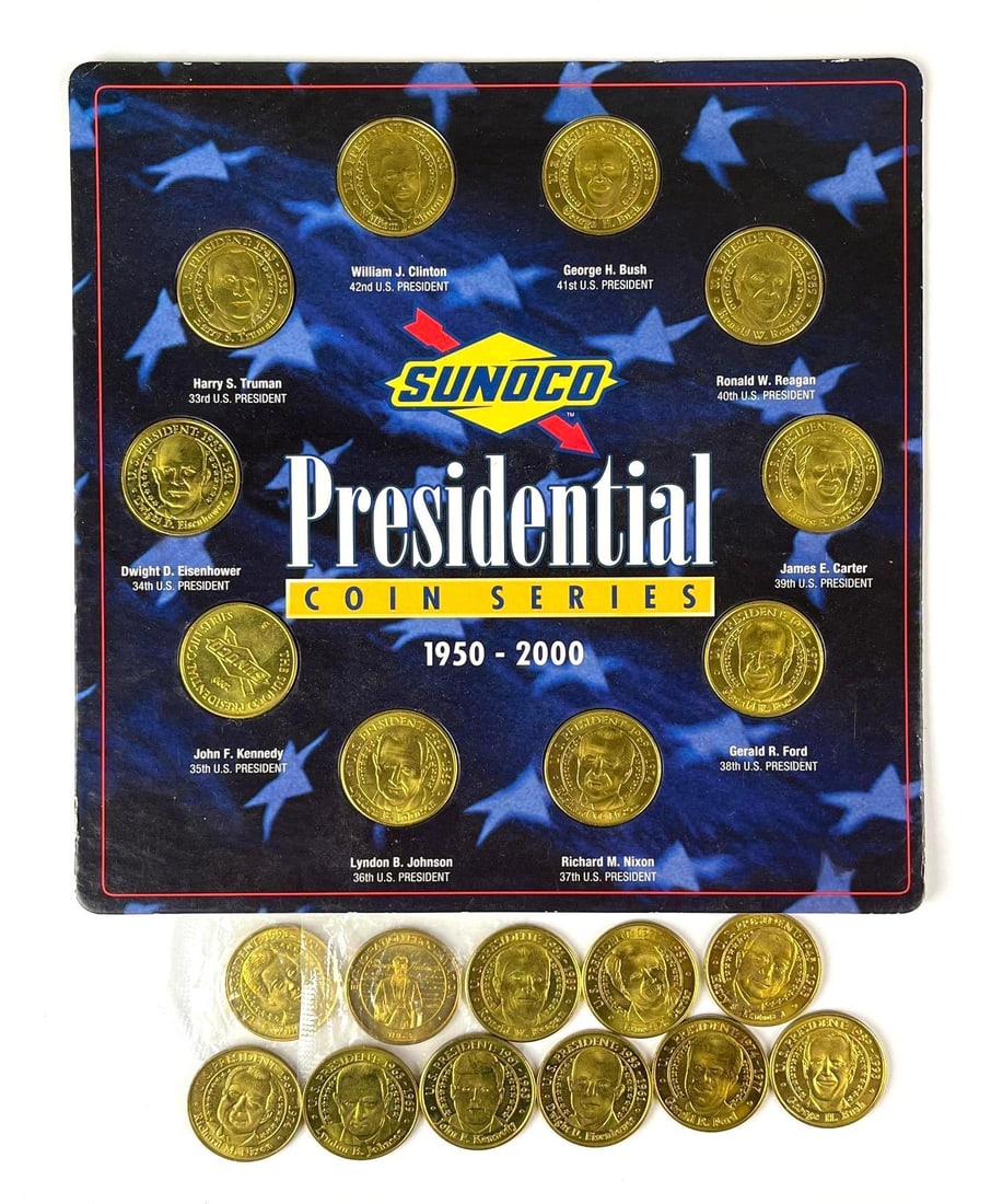 Group of 21 Sunoco Presidential Coins and Coin Board: Includes President John F Kennedy, George H Bush, Richard M Nixon and more.
