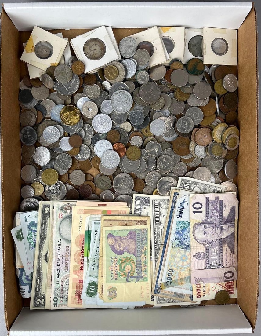 Large Group of Foreign Coins, Currency, and More: Includes WW2 US Honorable Service Discharge pin, Swedish 5 Krona, Netherlands 5 Gulden and more.