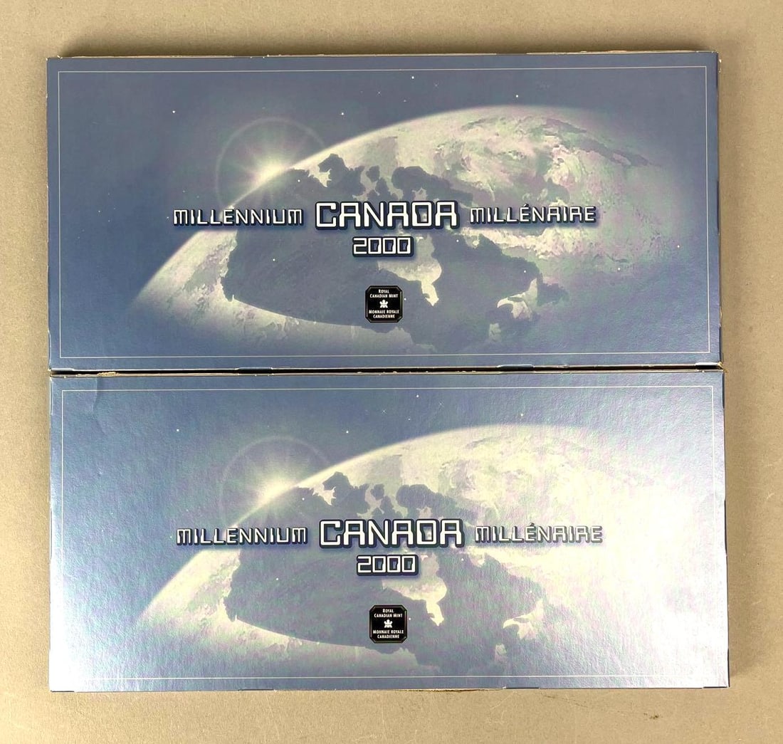 Group of 2 2000 Royal Canadian Mint Millennium Canada with Display Boards: Each set includes 13 2000 Canadian 25 cents.