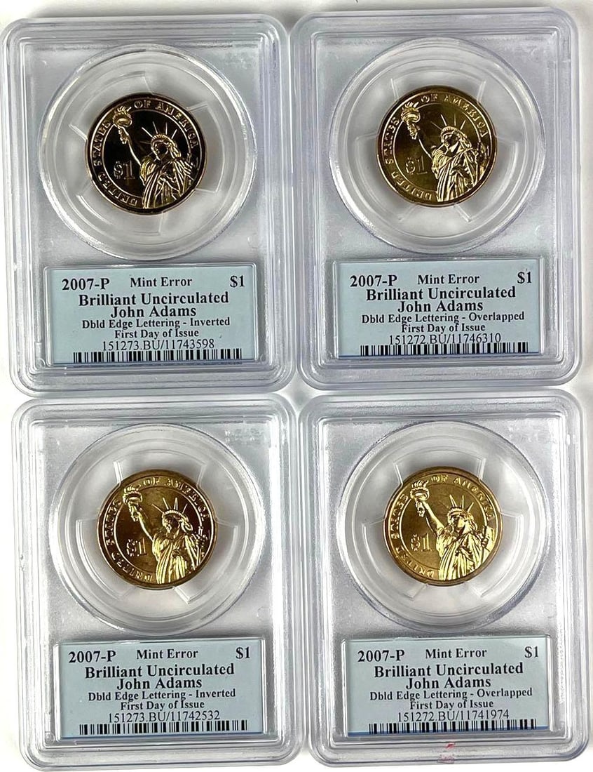Group of 4 2007 P US John Adams Presidential Dollar Coin PCGS Mint Error: The Presidential Series, First Day of Issue, Brilliant Uncirculated. Mint Error Dbld Eagle Lettering- Inverted.