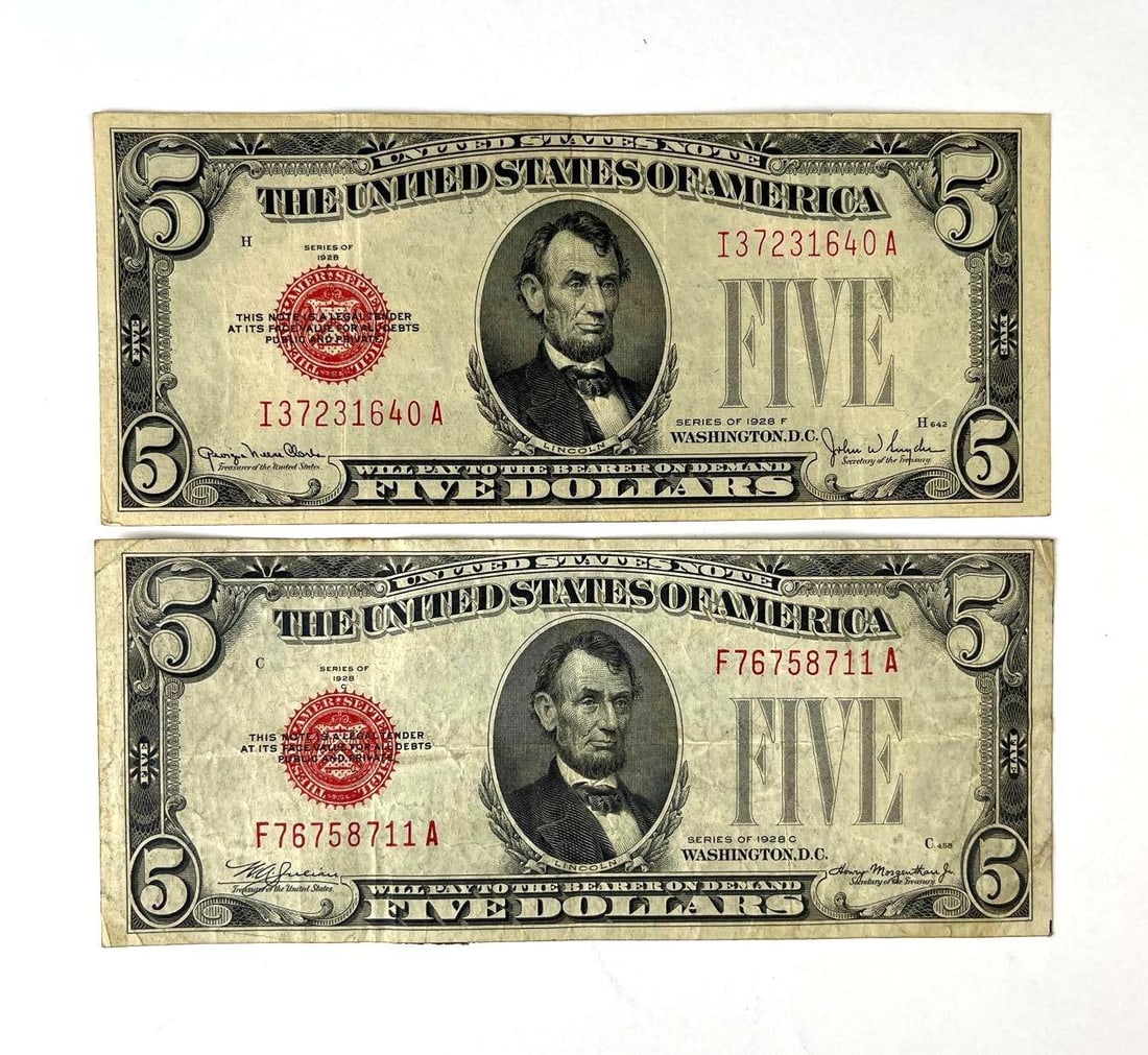 Group of 2 1928 US $5 Red Seal Notes: Series F and C.