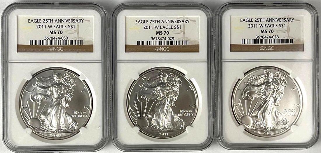 Group of 3 2011 W $1 American Silver Eagle 1 oz Fine Silver NGC MS70 (1 of 2)