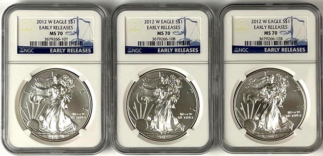 Group of 3 2012 W $1 American Silver Eagle 1 oz Fine Silver NGC MS70: Early Releases